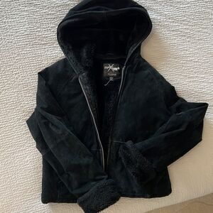 Vintage 80s Suede Leather Sherpa Jacket Black Coat zipper Wilson’s Leather Small